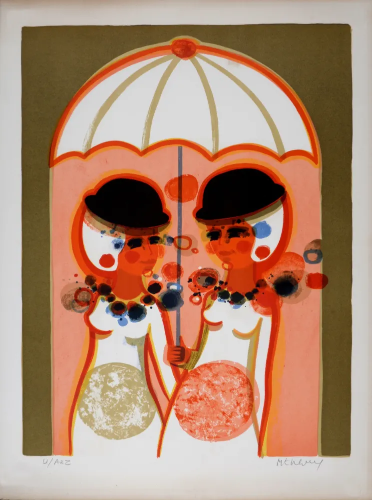 Litografía Menguy - Le Parapluie, Les Angéliques, 1975