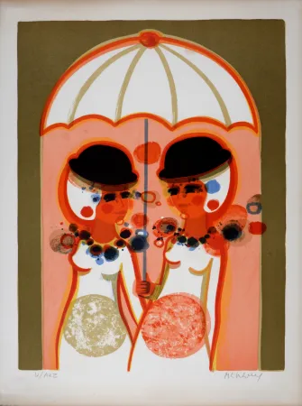 Litografía Menguy - Le Parapluie, Les Angéliques, 1975
