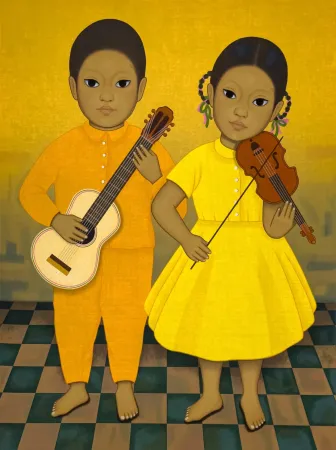 Serigrafía Montoya - Músicos, Chica y nino sosteniendo instrumentos de cuerda