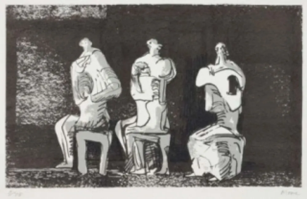 Litografía Moore - Three seated figures in setting