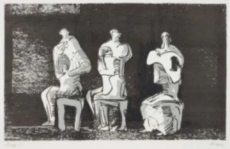 Litografía Moore - Three seated figures in setting