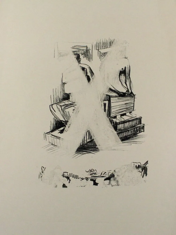 Litografía Moore - Two Seated Figures in Stone