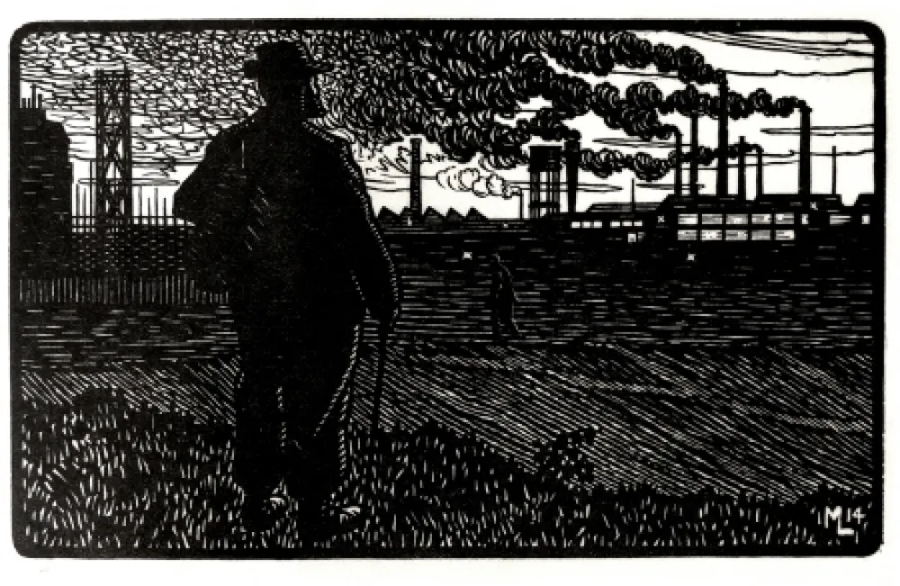 Grabado Moreau - LE CHEMINOT / THE RAILROADER - Gravure s/bois / Woodcut - 1912