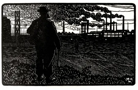 Grabado Moreau - LE CHEMINOT / THE RAILROADER - Gravure s/bois / Woodcut - 1912