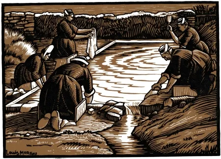 Grabado En Madera Moreau - LE LAVOIR / THE WASH-HOUSE - Gravure s/bois / Woodcut - 1908