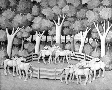 Grabado En Madera Morena - Cavalli nel bosco