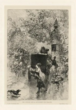 Grabado Morin - Une averse sur le Boulevard des Italiens