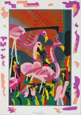 Grabado Nespolo - Ugo Nespolo (1941) - Fenicotteri rosa - screen printing on paper