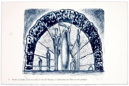 Litografía Nørgaard - A. Emden, la famille, la mer et la ville, le coin de l'Europe, l'embouchure de l'Ems. Le rêve gothique