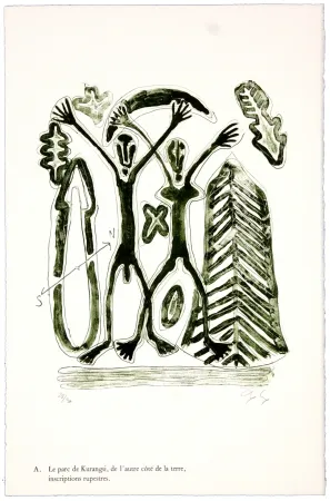 Litografía Nørgaard - A. Le parc de Kurangsi, de l'autre côté de la terre, inscriptions rupestres