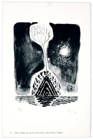 Litografía Nørgaard - B. Abre solitaire sur une ile sous le clair de lune, l'espoir