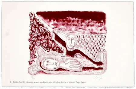 Litografía Nørgaard - B. Balder chez Hel (déesse de la mort nordique), mère de l'enfant, femme et homme, Piéta, Naxos