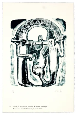 Litografía Nørgaard - B. Mérida, le musée local, un soleil de plomb, 40 degrés, des maisons chaulées blanches, jaunes et bleues