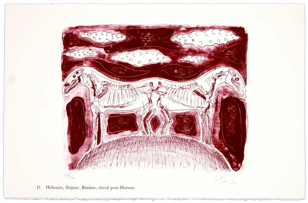 Litografía Nørgaard - D. Helhesten, Sleipner, Rimfaxe, cheval pour Horsens