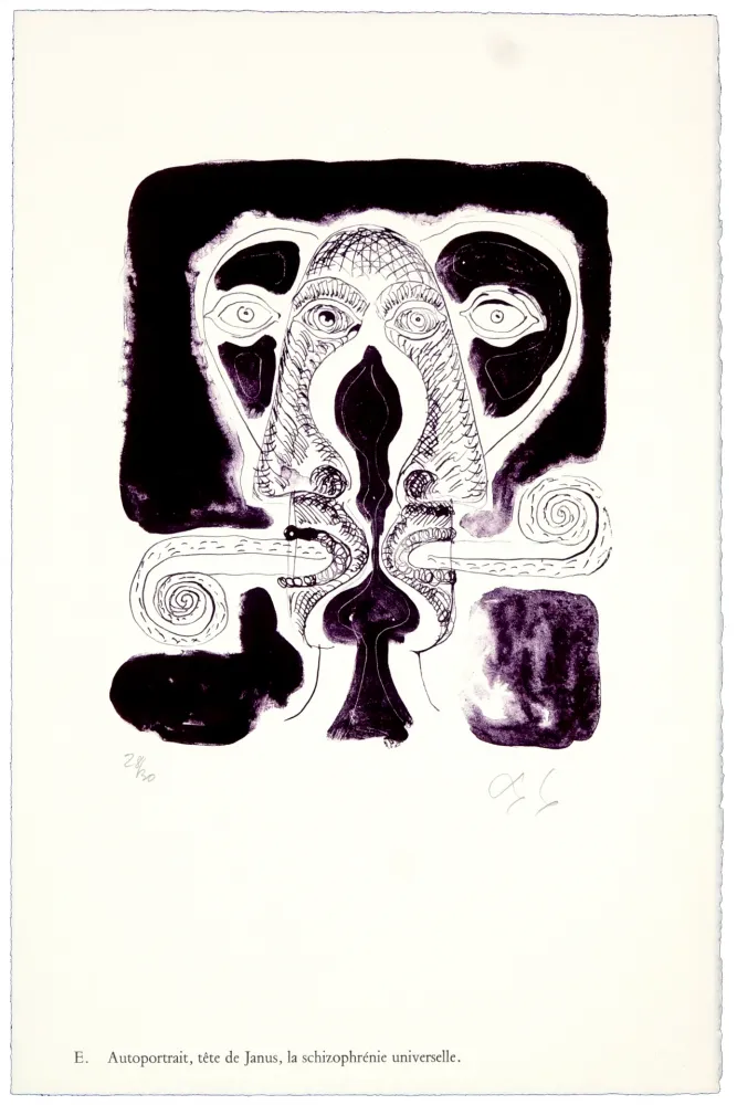 Litografía Nørgaard - E. Autoportrait, tête de Janus, la schizophrénie universelle.