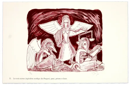 Litografía Nørgaard - E. Les trois normes (équivalent nordique des Parques), le passé, le présent et futur