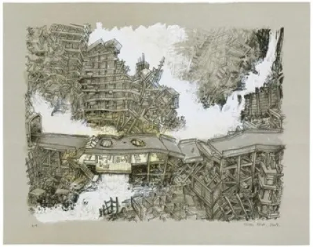 Litografía Oiwa - Waterfall House