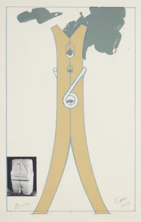 Serigrafía Oldenburg - Proposal for a Colossal Structure in the Form of a Clothespin-Compared to Brancusi's Kiss