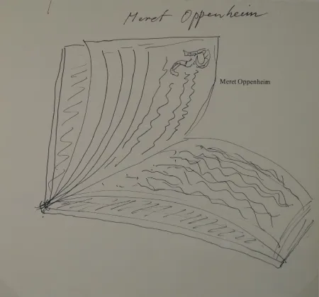 Sin Técnico Oppenheim - Widmungszeichnung eines aufgeschlagenen Buches mit Initial R. auf dem Vortitel eines Buchs mit gedrucktem Namen “Meret Oppenheim“