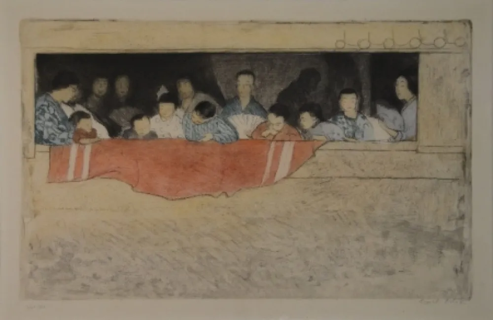 Aguafuerte Orlik - Japanische Kinder als Zuschauer bei einem Umzug