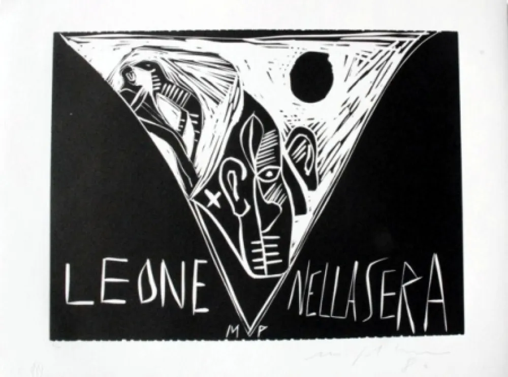 Linograbado Paladino - Terra tonda africana 1 - Leone nella sera