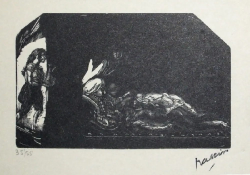 Grabado En Madera Pascin - Fille avec fleur et scene de Harem