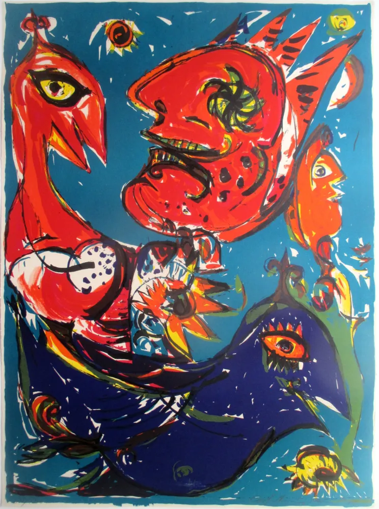 Litografía Pedersen - Les Oiseaux rouge et bleu