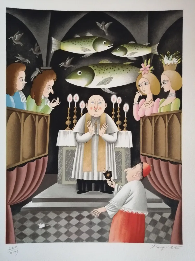 Litografía Peynet - Trois Messes basses