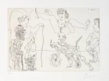 Grabado Picasso - Da Le Cocu Maquifique: Femme equilib­riste enlevee par un vieillard barbu a bicyclette devant le cocu et des spectateurs