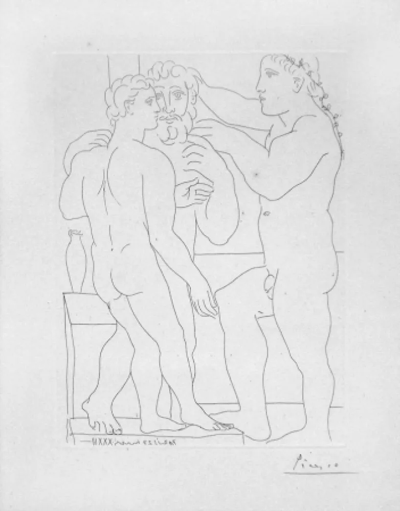 Grabado Picasso - Deux hommes sculptes - Two male statues - Three Men Standing