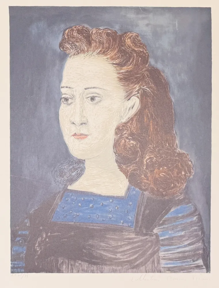 Litografía Picasso - Femme à la collerette bleue