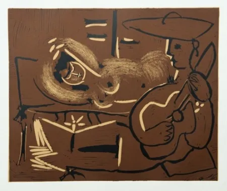 Grabado Picasso - Femme couchée et guitariste