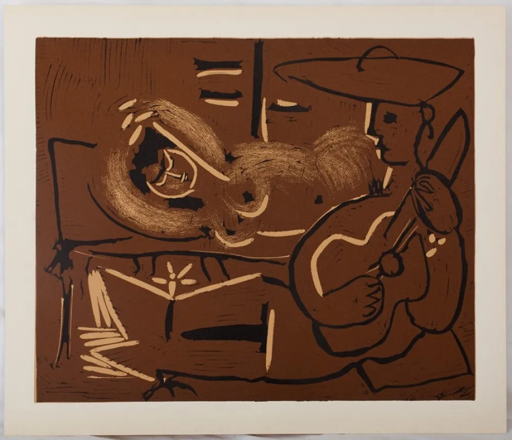 Linograbado Picasso - Femme couchée et guitariste au chapeau
