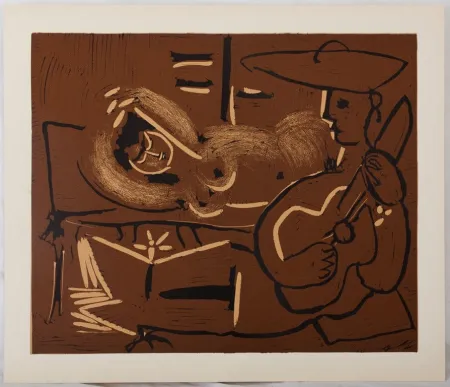 Linograbado Picasso - Femme couchée et guitariste au chapeau