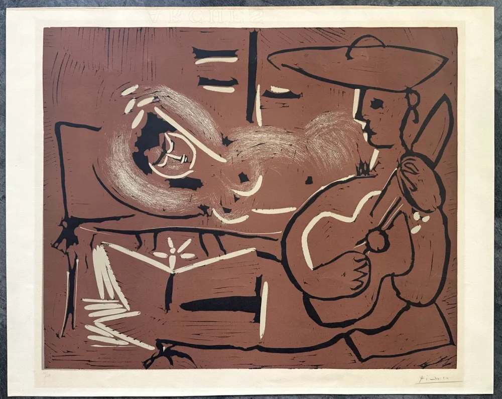 Linograbado Picasso - FEMME COUCHÉE ET GUITARISTE. Linogravure originale signée (1959)
