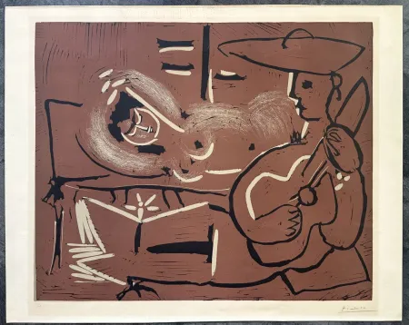 Linograbado Picasso - FEMME COUCHÉE ET GUITARISTE. Linogravure originale signée (1959)