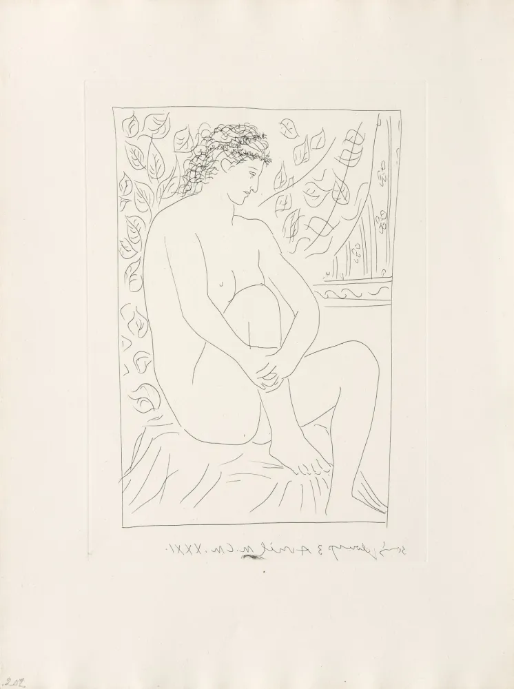 Grabado Picasso - Femme nue assise devant un rideau