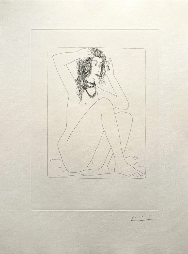 Grabado Picasso - Femme nue se couronnant de fleurs