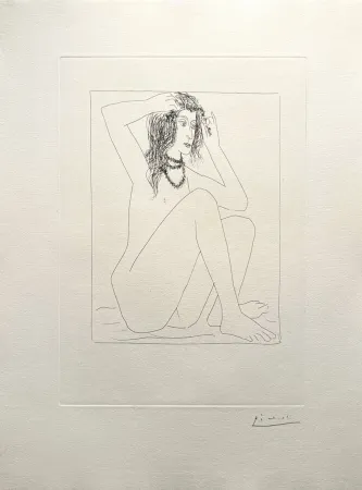 Grabado Picasso - Femme nue se couronnant de fleurs