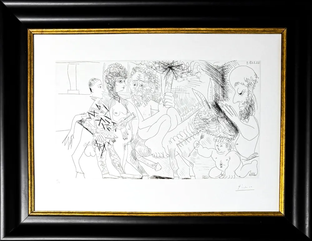 Aguafuerte Picasso - Groupe avec vieillard à la torche sur un âne amoureux, femme et arlequin