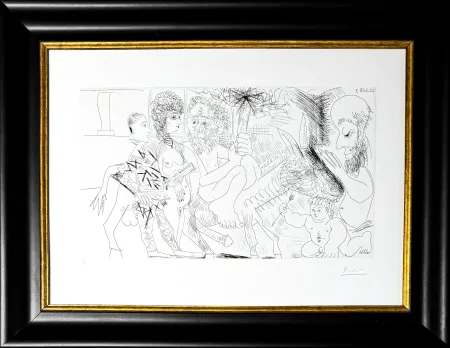 Aguafuerte Picasso - Groupe avec vieillard à la torche sur un âne amoureux, femme et arlequin