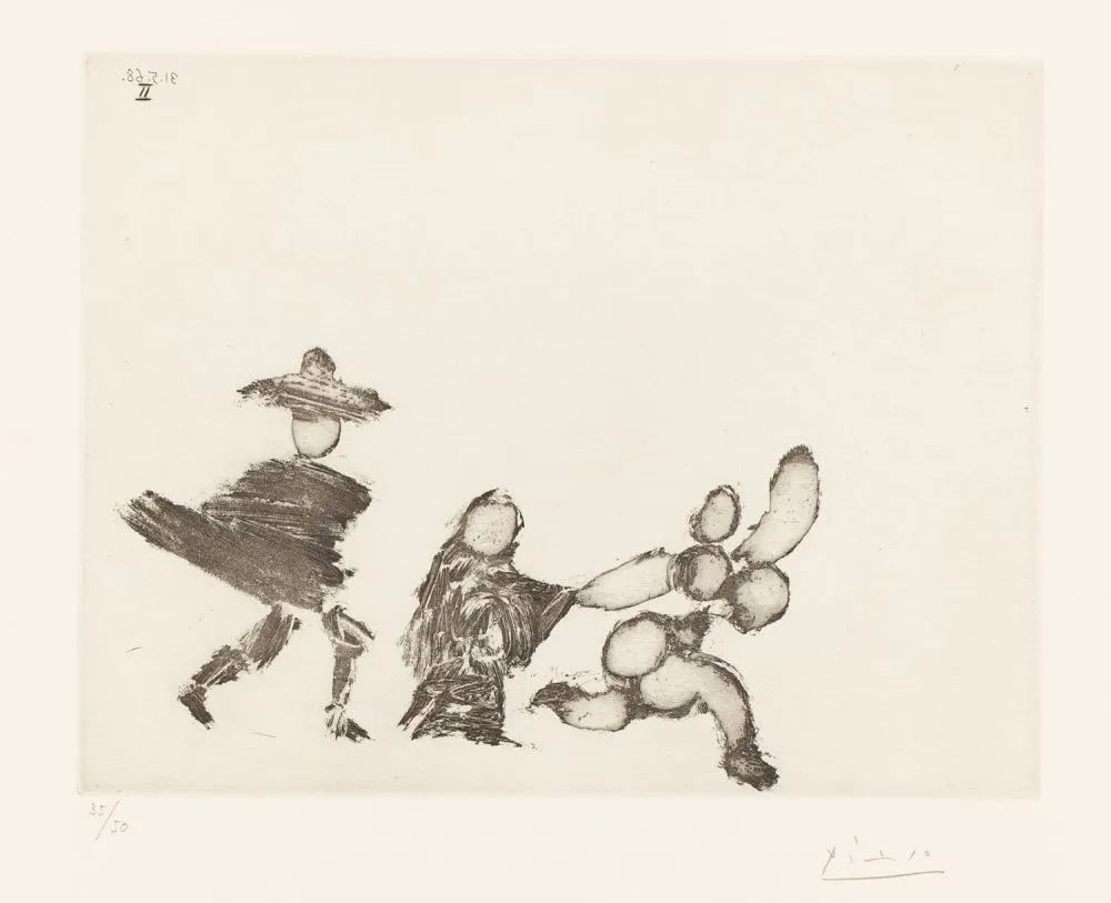 Aguafuerte Picasso - Jeune fille fuyant, avec la célestine et un jeune homme