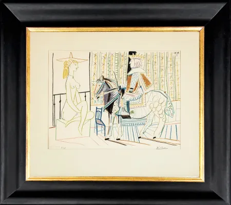 Litografía Picasso - La Comedie Humaine: King on Horse with Sitting Nude
