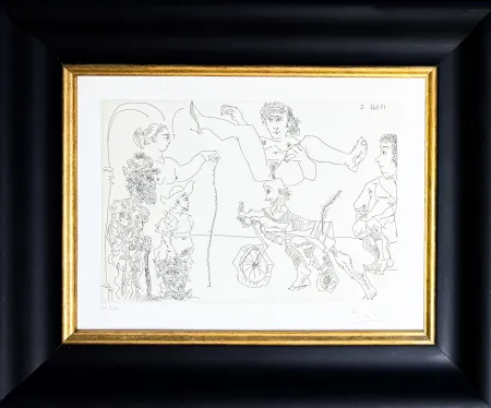 Grabado Picasso -  Le Cocu Magnifique: Femme equilib­riste enlevee par un vieillard barbu a bicyclette devant le cocu et des spectateurs