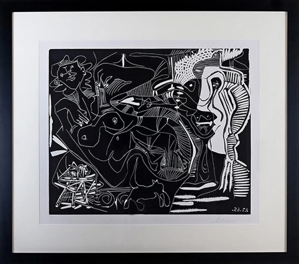 Linograbado Picasso - Le Thé: Deux Femmes Nues et une Chat (B. 1851)