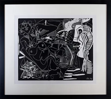 Linograbado Picasso - Le Thé: Deux Femmes Nues et une Chat (B. 1851)