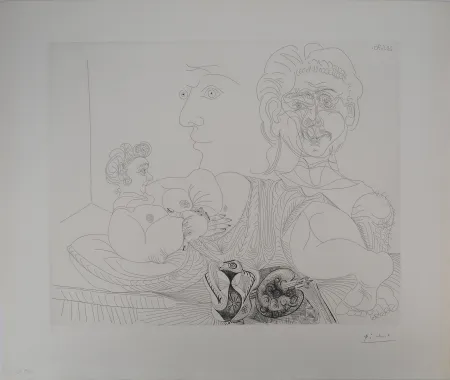 Grabado Picasso - Les 156, planche 4 : Vieux modèle pour jeune odalisque, le double regard du peintr