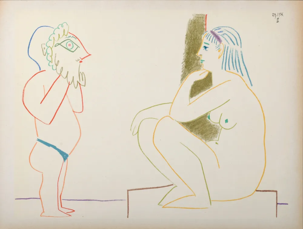 Litografía Picasso - Masked & Model, 1954