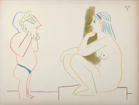 Litografía Picasso - Masked & Model, 1954