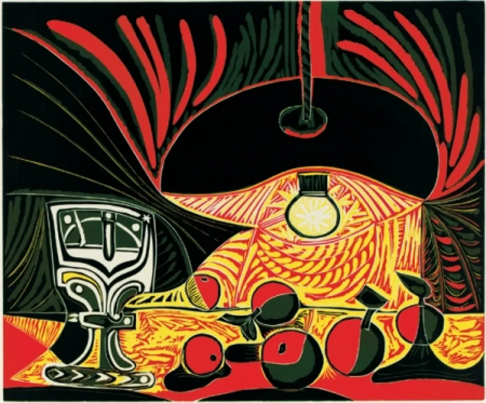 Linograbado Picasso - Nature morte au verre sous la lampe
